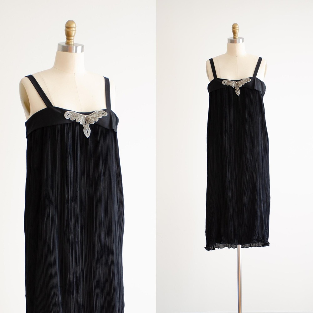 Vintage Flapper Dress 80s 20s Style Pleated Midi S Black Beaded Art Deco Chiffon
